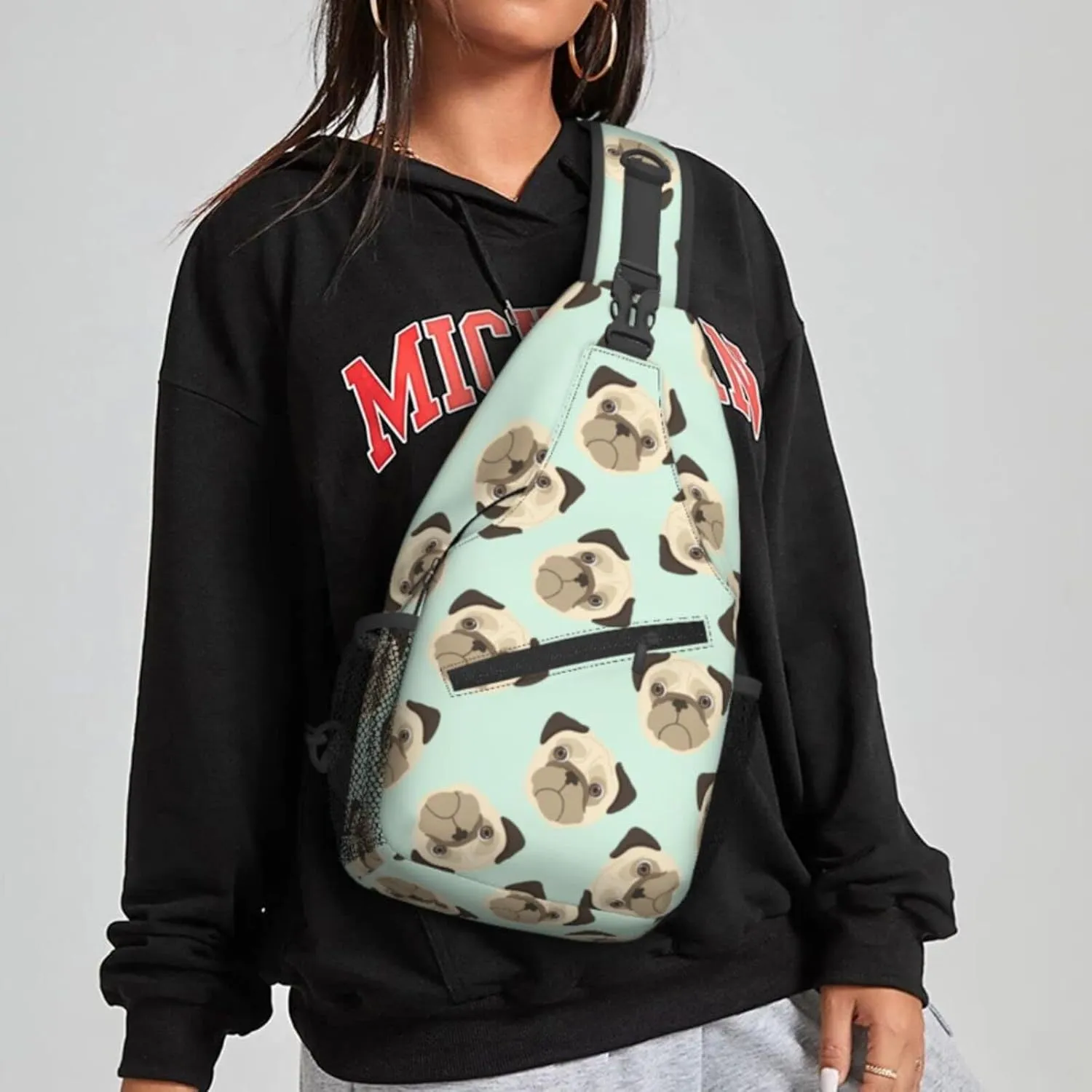 Women Cartoon Puppies Pug Head Crossbody Sling Backpack for Men Chest Bag Shoulder Bag Lightweight One Strap Backpack Travel Outdoor Daypack
