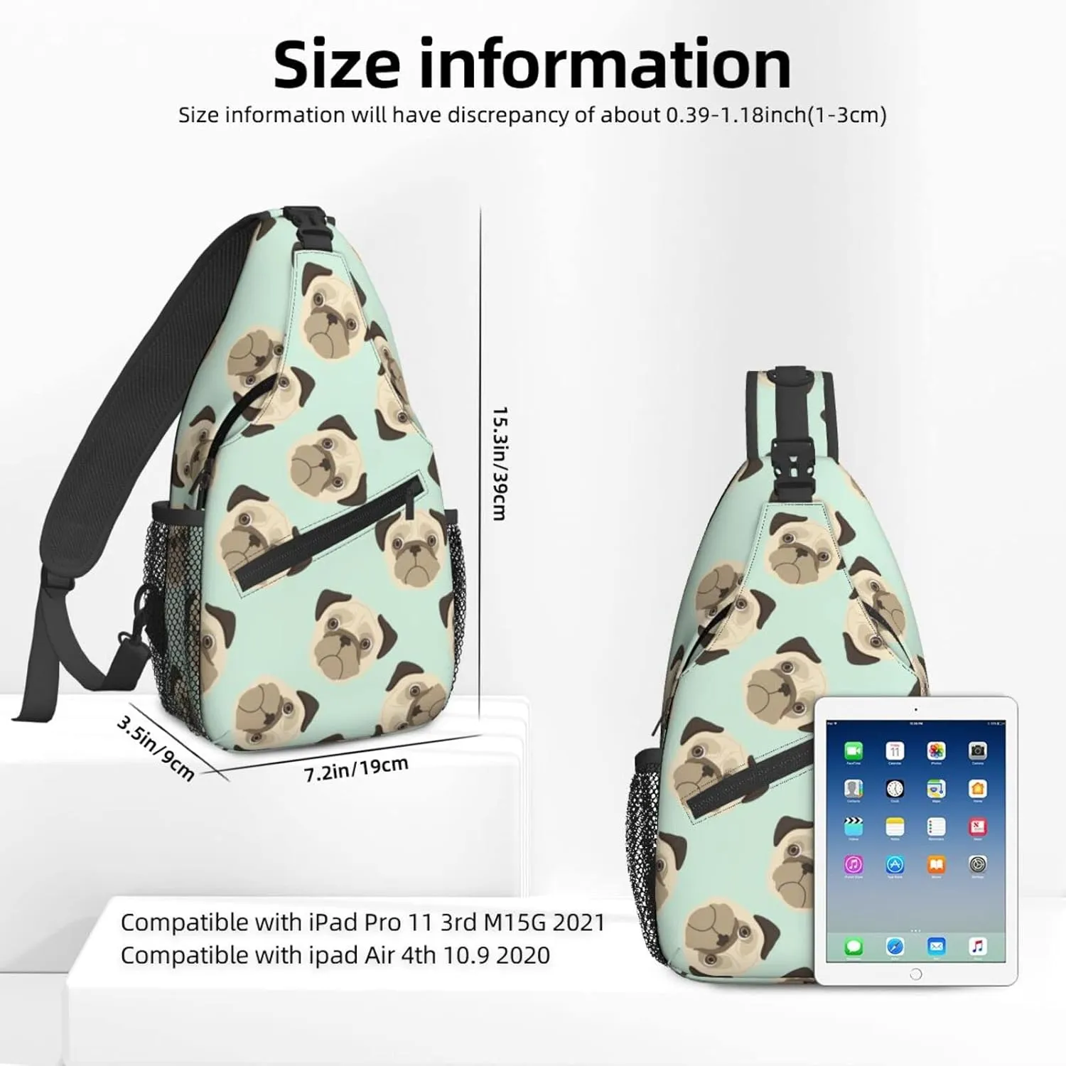 Women Cartoon Puppies Pug Head Crossbody Sling Backpack for Men Chest Bag Shoulder Bag Lightweight One Strap Backpack Travel Outdoor Daypack