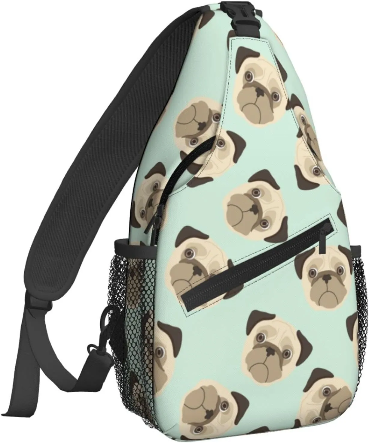 Women Cartoon Puppies Pug Head Crossbody Sling Backpack for Men Chest Bag Shoulder Bag Lightweight One Strap Backpack Travel Outdoor Daypack