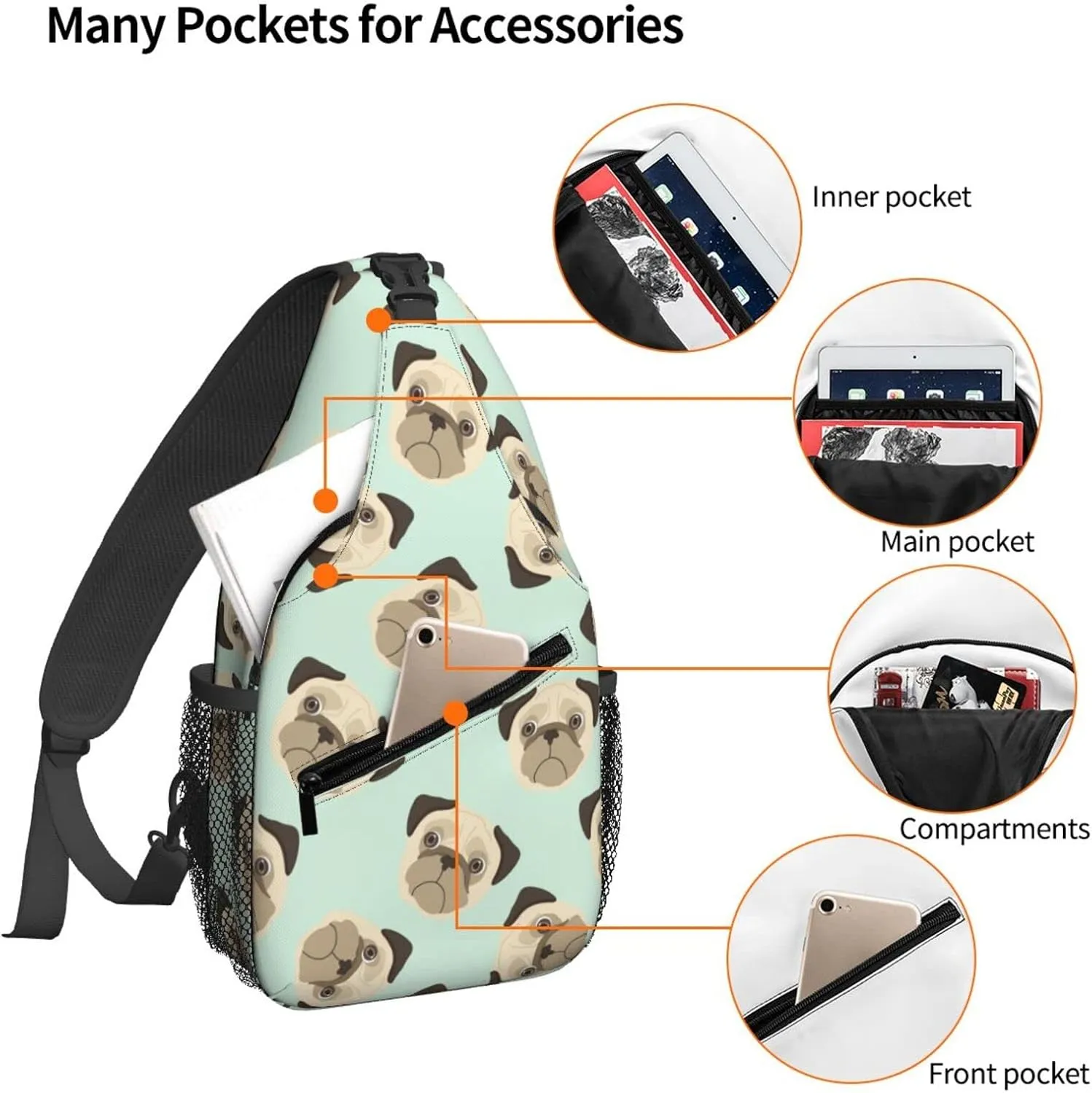 Women Cartoon Puppies Pug Head Crossbody Sling Backpack for Men Chest Bag Shoulder Bag Lightweight One Strap Backpack Travel Outdoor Daypack