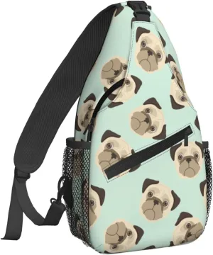 Women Cartoon Puppies Pug Head Crossbody Sling Backpack for Men Chest Bag Shoulder Bag Lightweight One Strap Backpack Travel Outdoor Daypack