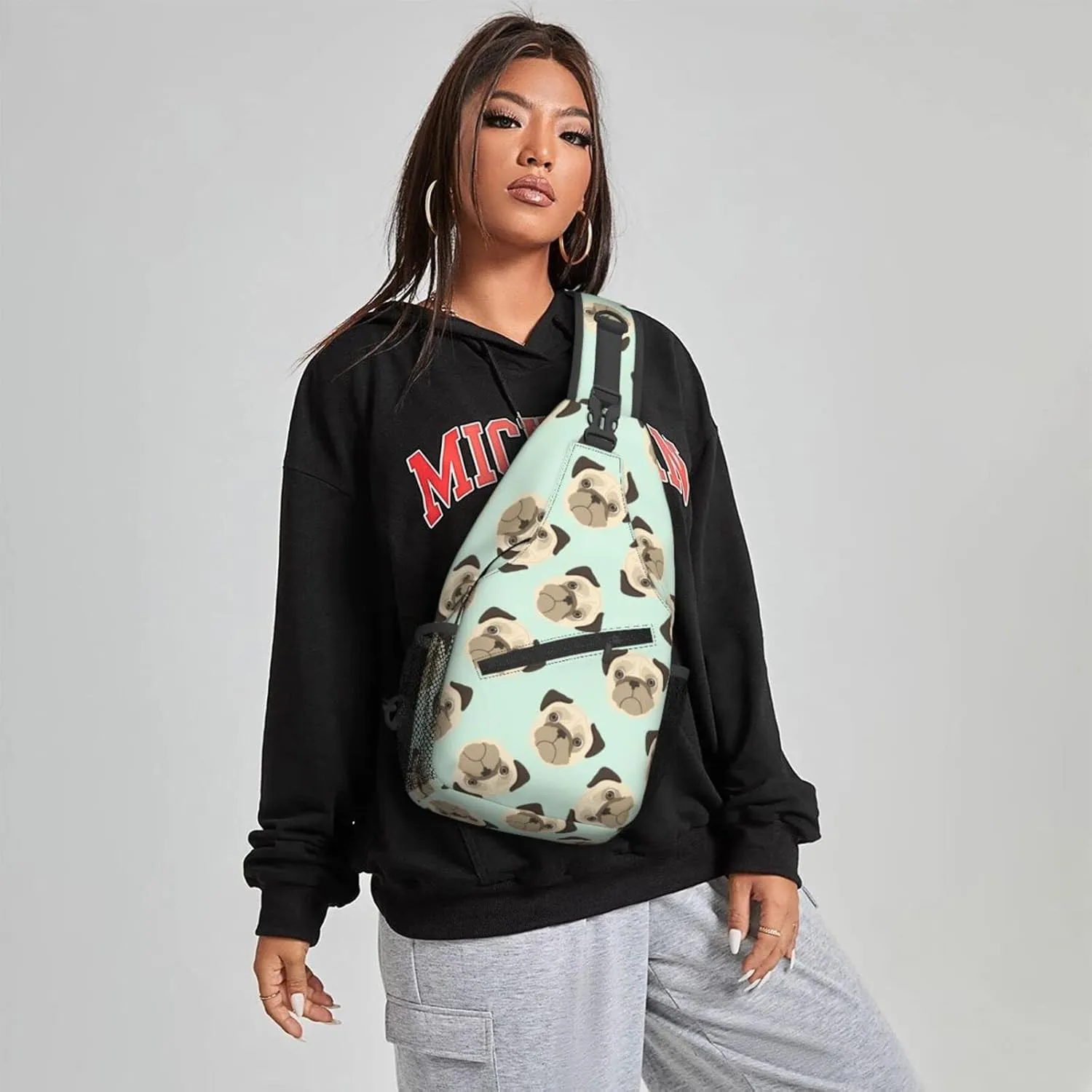 Women Cartoon Puppies Pug Head Crossbody Sling Backpack for Men Chest Bag Shoulder Bag Lightweight One Strap Backpack Travel Outdoor Daypack