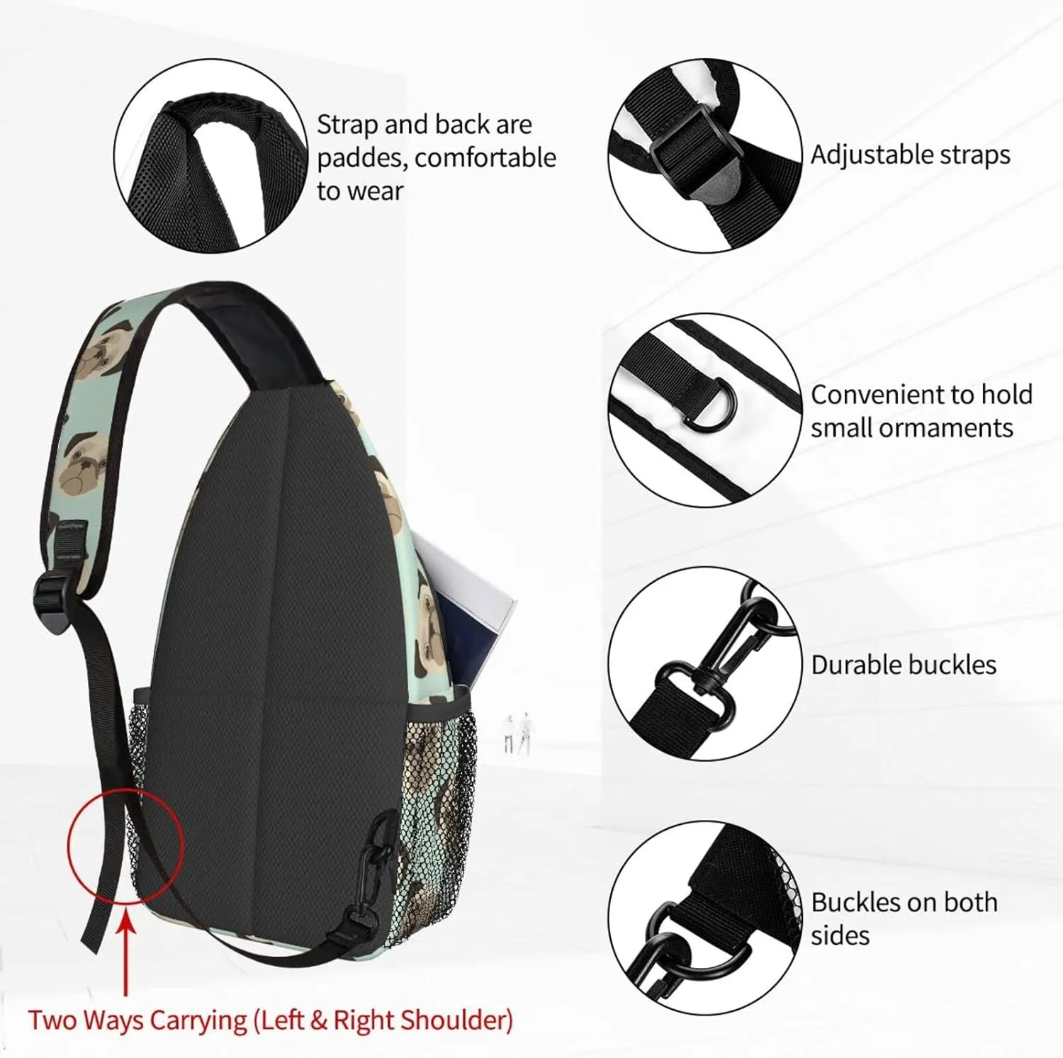 Women Cartoon Puppies Pug Head Crossbody Sling Backpack for Men Chest Bag Shoulder Bag Lightweight One Strap Backpack Travel Outdoor Daypack