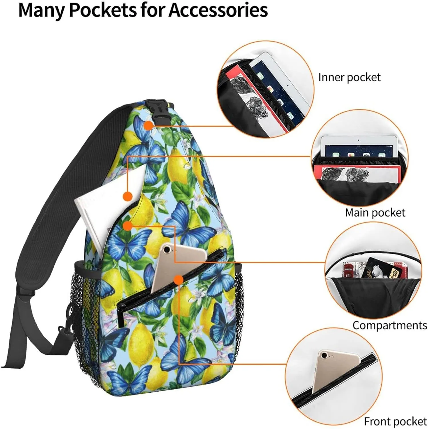 Women Citrus Lemons Blue Butterfly Crossbody Sling Backpack for Men Chest Bag Shoulder Bag Lightweight One Strap Backpack Travel Outdoor Daypack