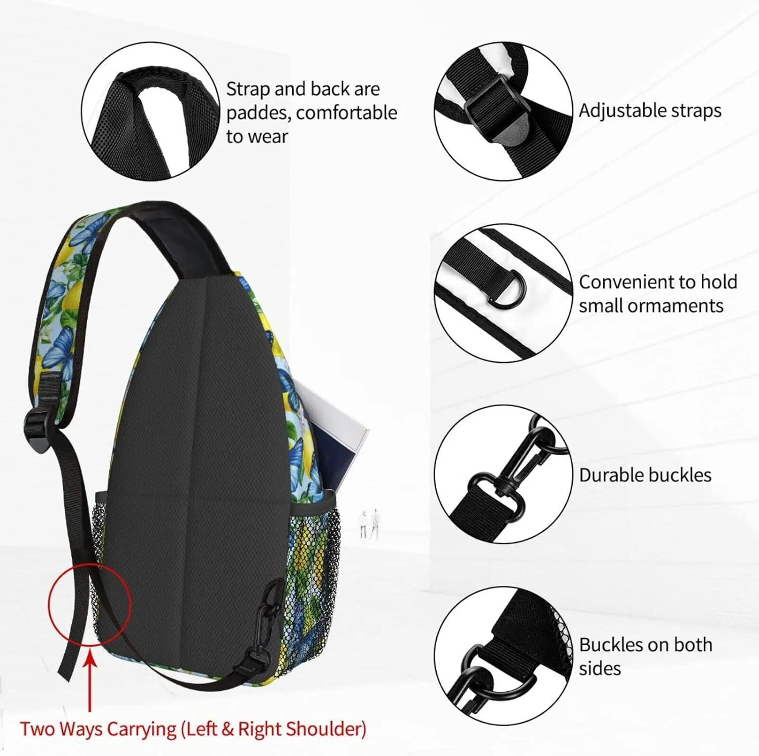 Women Citrus Lemons Blue Butterfly Crossbody Sling Backpack for Men Chest Bag Shoulder Bag Lightweight One Strap Backpack Travel Outdoor Daypack