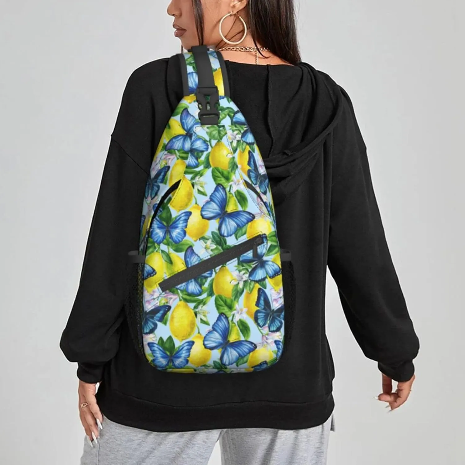 Women Citrus Lemons Blue Butterfly Crossbody Sling Backpack for Men Chest Bag Shoulder Bag Lightweight One Strap Backpack Travel Outdoor Daypack