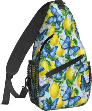 Women Citrus Lemons Blue Butterfly Crossbody Sling Backpack for Men Chest Bag Shoulder Bag Lightweight One Strap Backpack Travel Outdoor Daypack