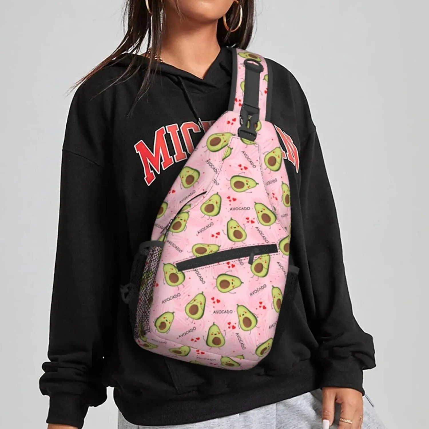 Women Cute Avocado Pink Palm Leaves Crossbody Sling Backpack for Men Chest Bag Shoulder Bag Lightweight One Strap Backpack Travel Outdoor Daypack