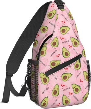 Women Cute Avocado Pink Palm Leaves Crossbody Sling Backpack for Men Chest Bag Shoulder Bag Lightweight One Strap Backpack Travel Outdoor Daypack