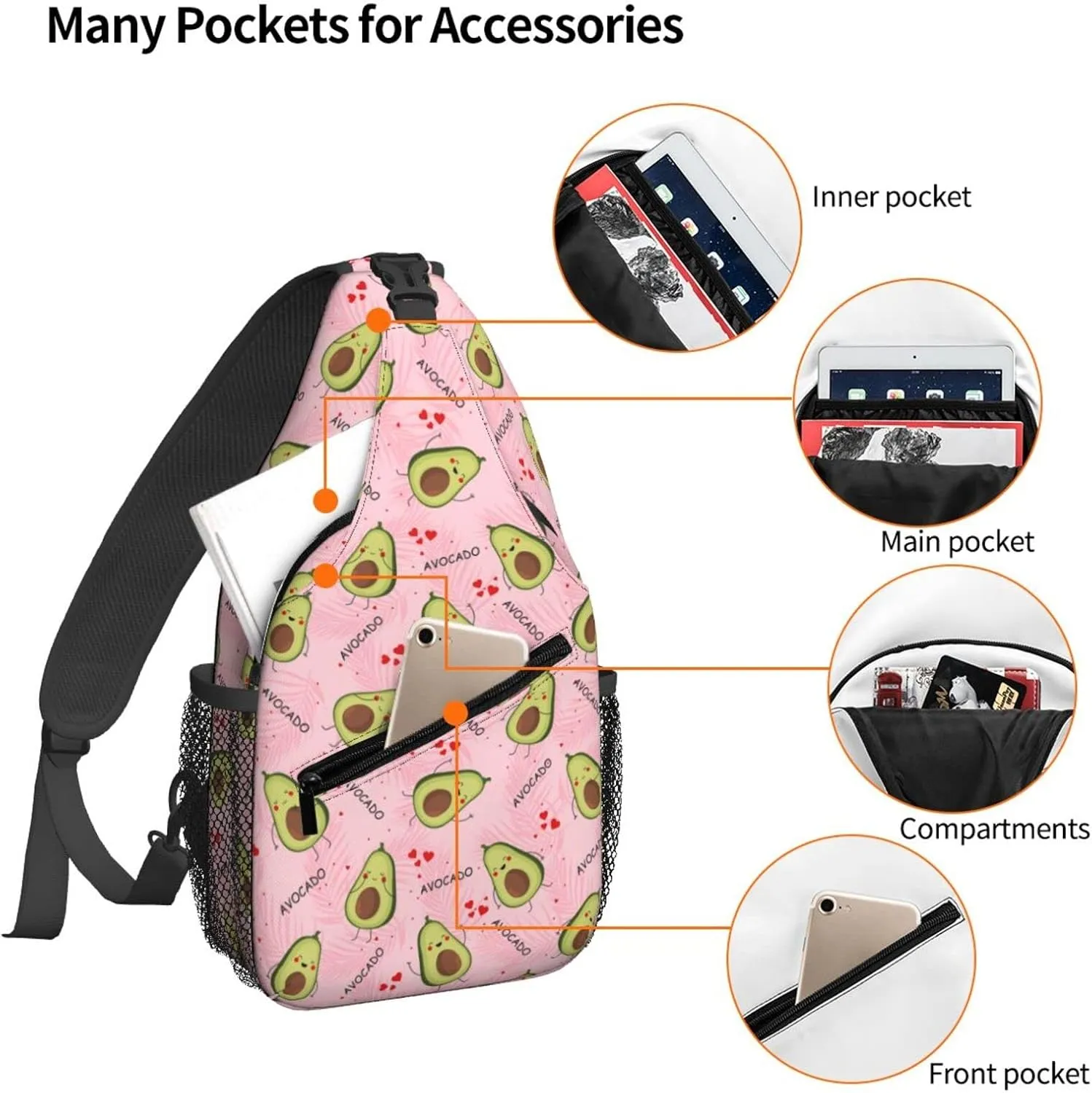 Women Cute Avocado Pink Palm Leaves Crossbody Sling Backpack for Men Chest Bag Shoulder Bag Lightweight One Strap Backpack Travel Outdoor Daypack