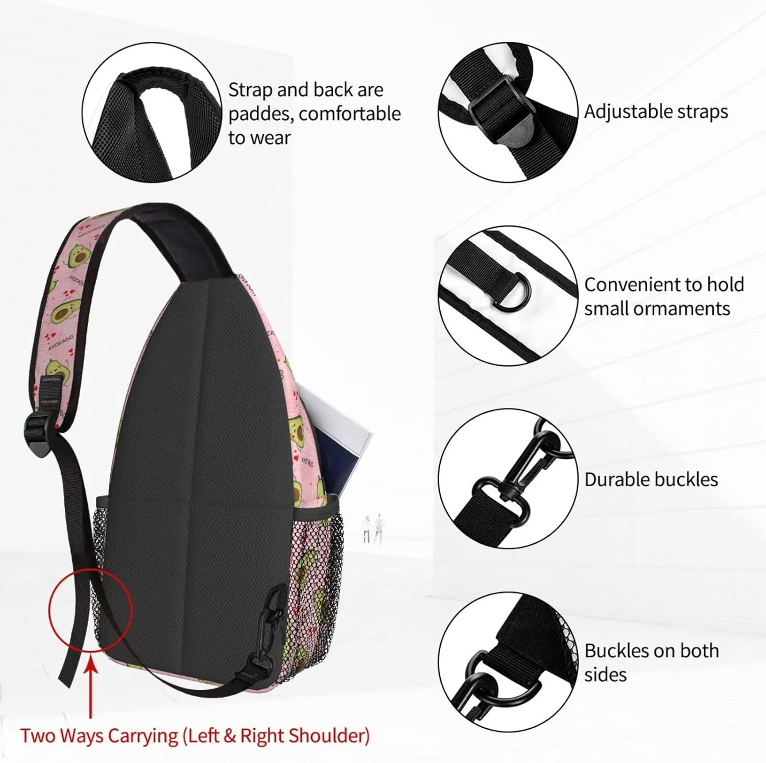 Women Cute Avocado Pink Palm Leaves Crossbody Sling Backpack for Men Chest Bag Shoulder Bag Lightweight One Strap Backpack Travel Outdoor Daypack