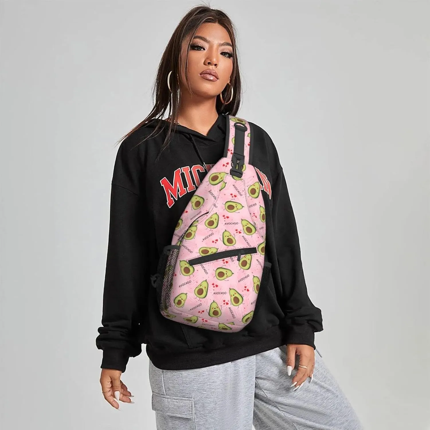 Women Cute Avocado Pink Palm Leaves Crossbody Sling Backpack for Men Chest Bag Shoulder Bag Lightweight One Strap Backpack Travel Outdoor Daypack