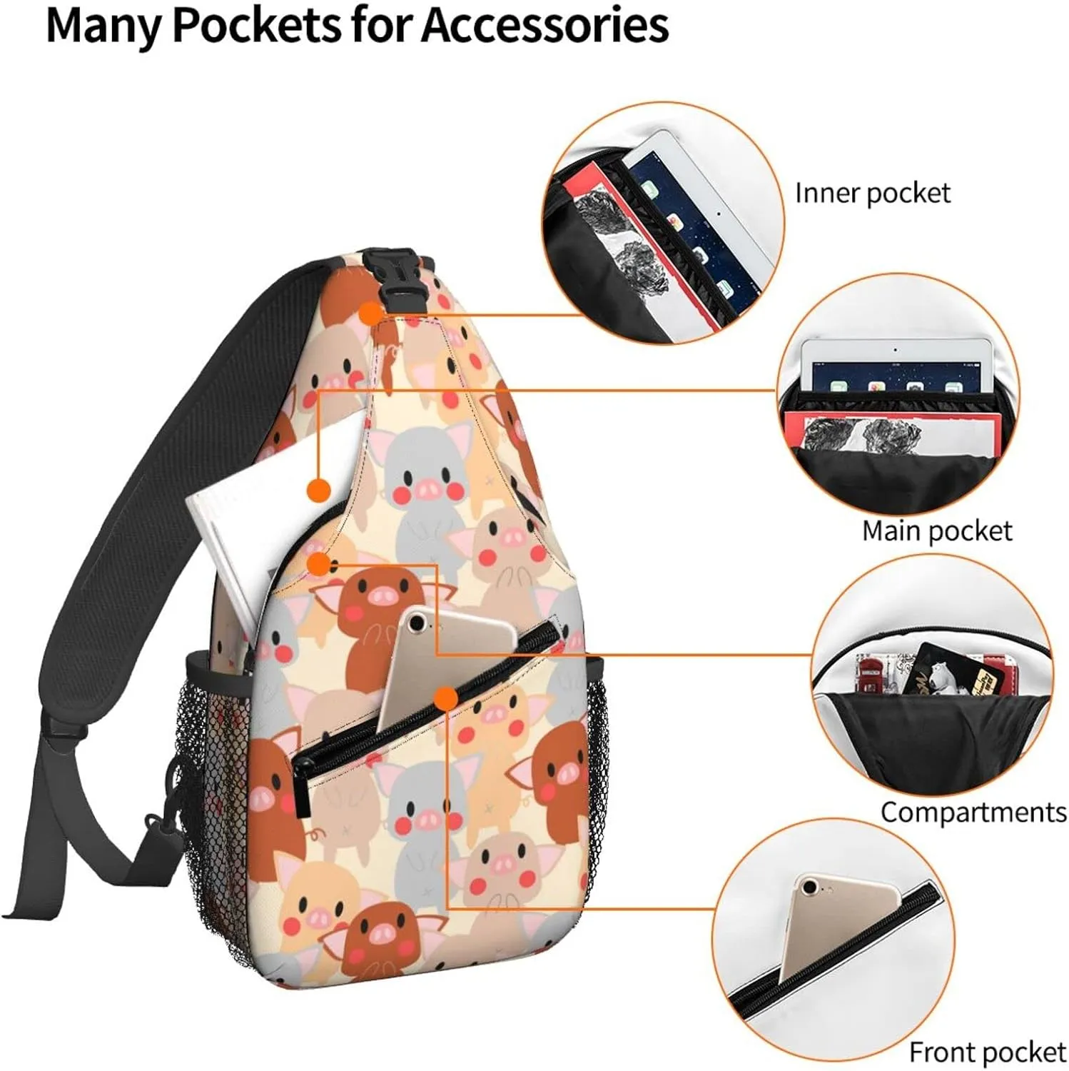 Women Cute Colorful Pigs Childish Crossbody Sling Backpack for Men Chest Bag Shoulder Bag Lightweight One Strap Backpack Travel Outdoor Daypack