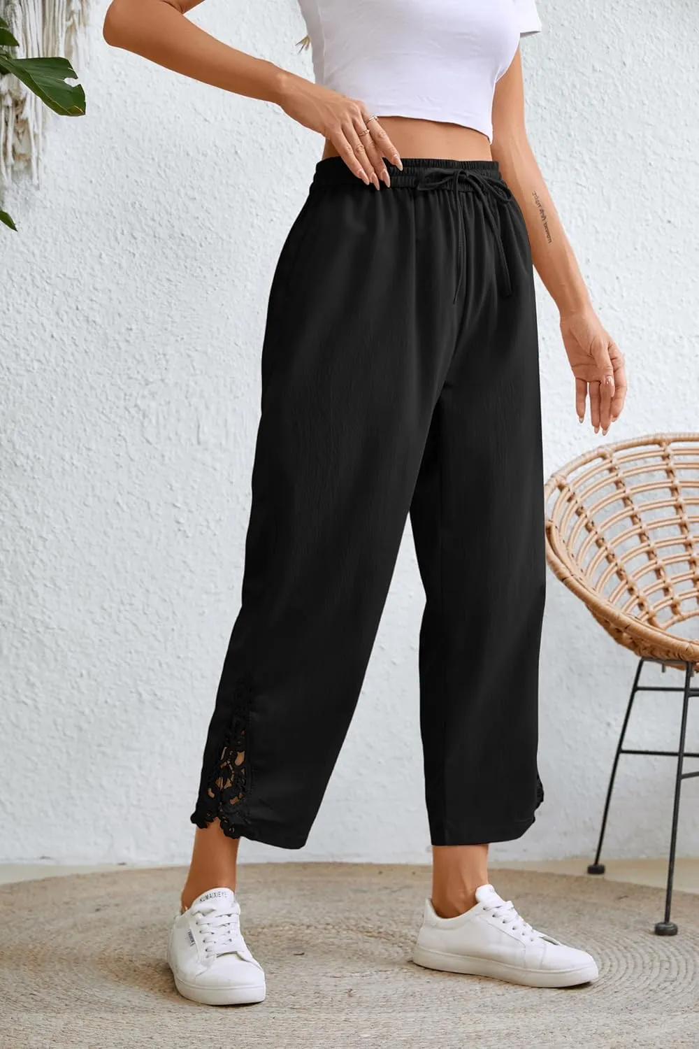 Women Fashion 2025 Casual Lightweight Drawstring Elastic Waist Pants with Pockets