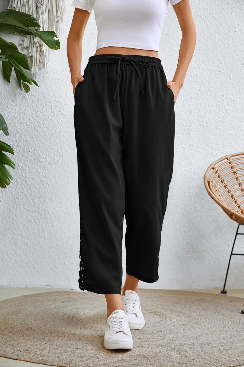 Women Fashion 2025 Casual Lightweight Drawstring Elastic Waist Pants with Pockets
