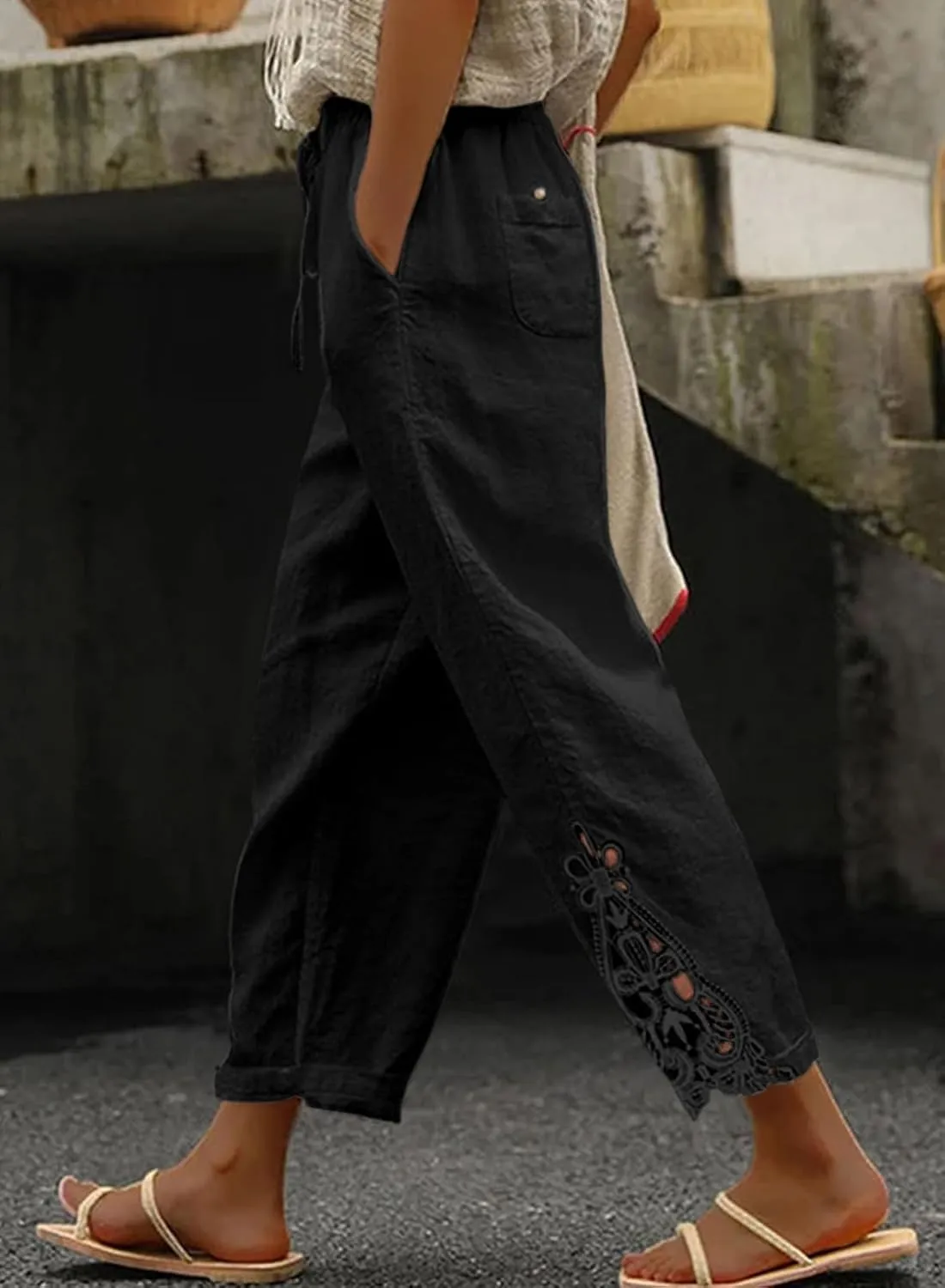 Women Fashion 2025 Casual Lightweight Drawstring Elastic Waist Pants with Pockets