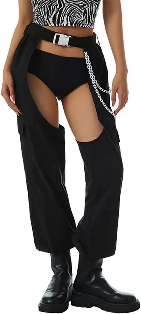 Women Fashion Cargo Pants High Rise Sweatpants Rave Reflective Pants Solid Color Color Block