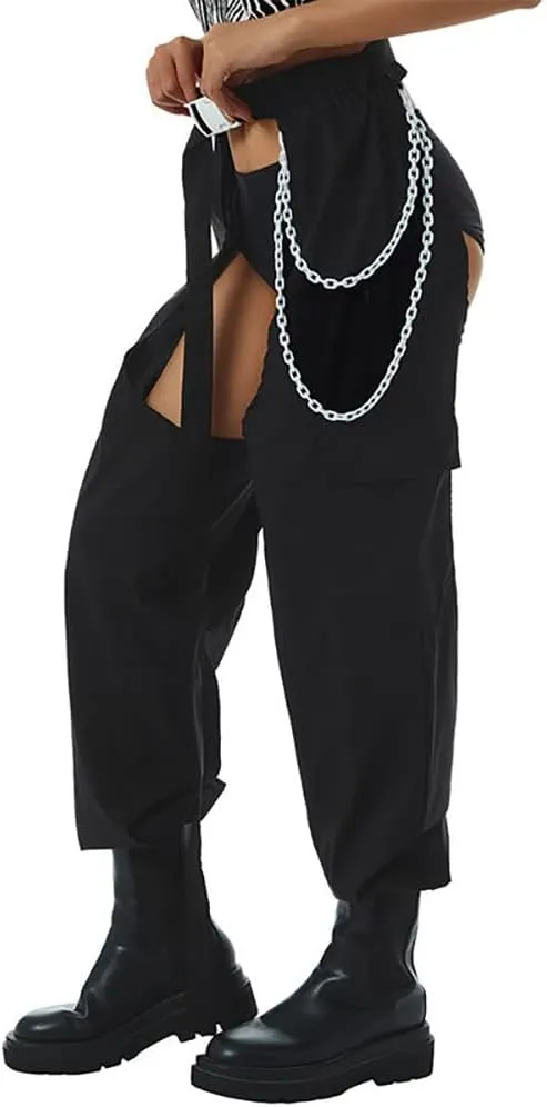 Women Fashion Cargo Pants High Rise Sweatpants Rave Reflective Pants Solid Color Color Block