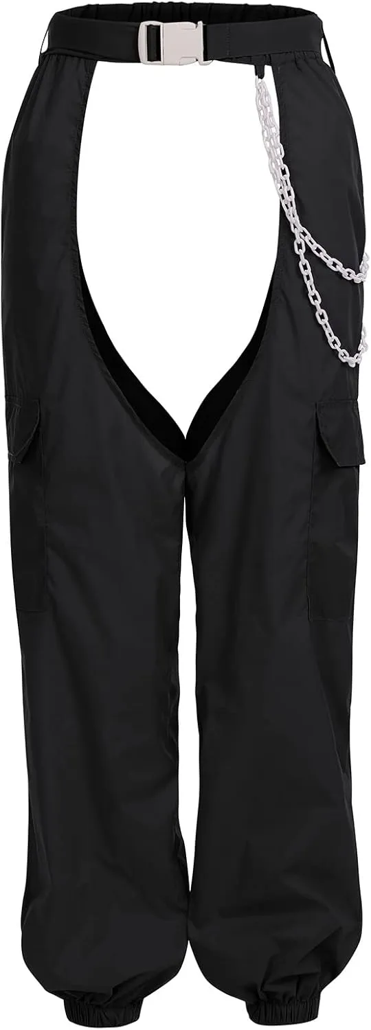 Women Fashion Cargo Pants High Rise Sweatpants Rave Reflective Pants Solid Color Color Block