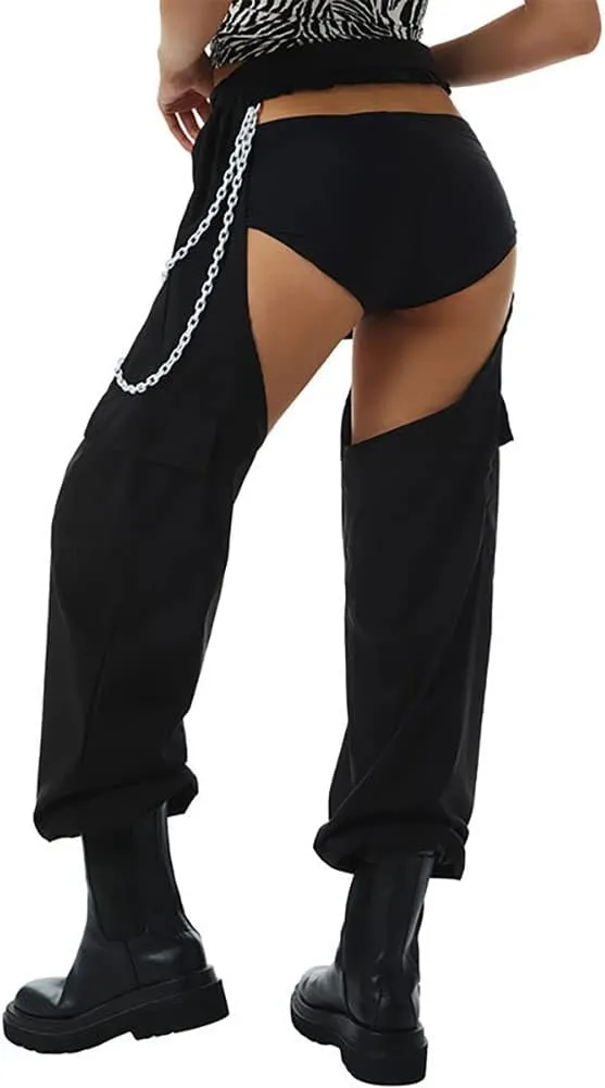 Women Fashion Cargo Pants High Rise Sweatpants Rave Reflective Pants Solid Color Color Block