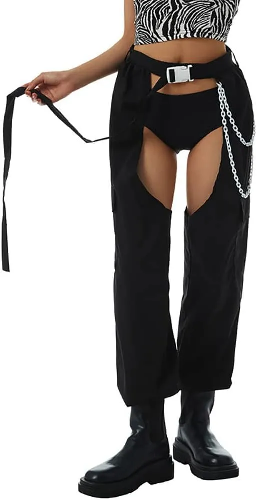 Women Fashion Cargo Pants High Rise Sweatpants Rave Reflective Pants Solid Color Color Block