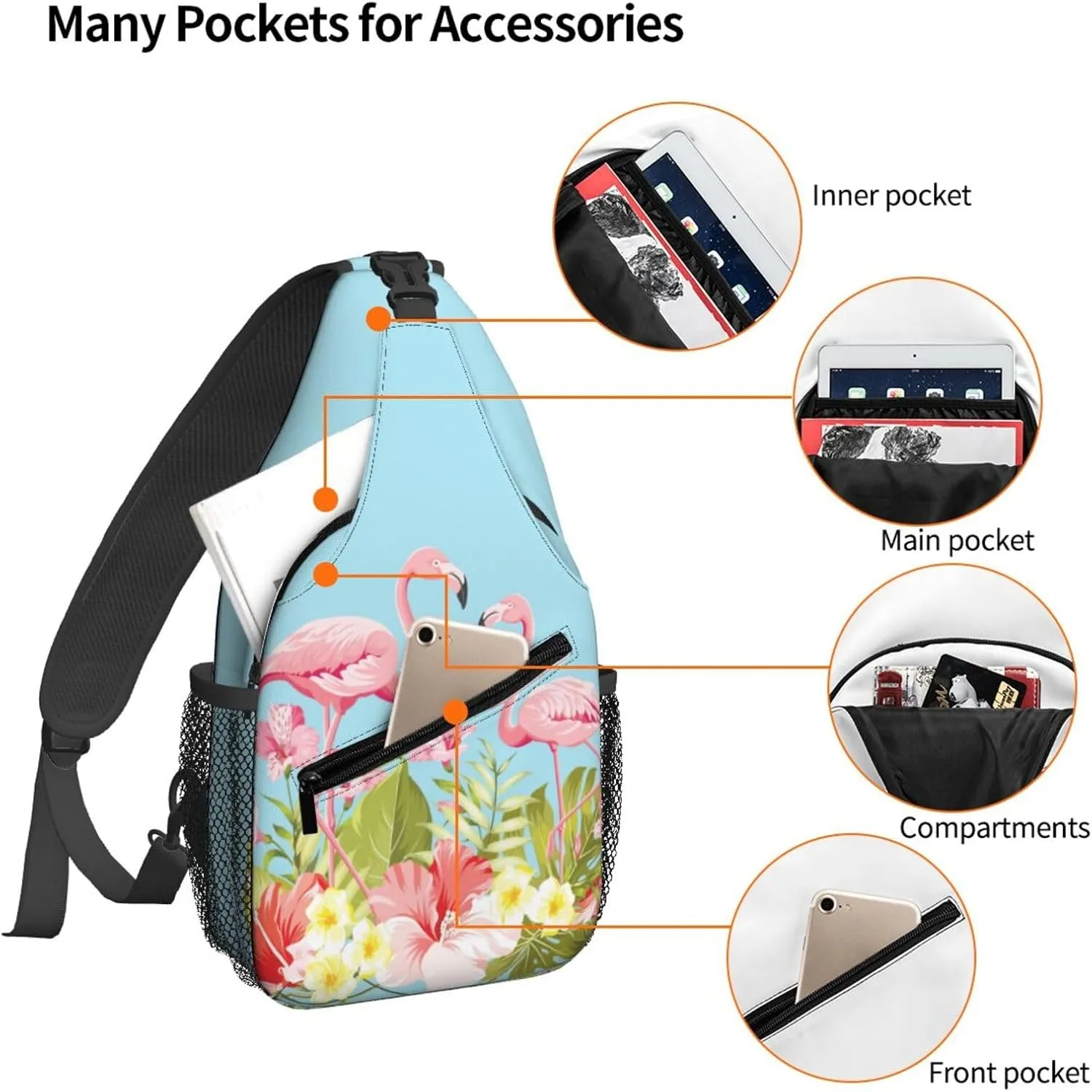 Women Flamingos in Tropical Hibiscus Crossbody Sling Backpack for Men Chest Bag Shoulder Bag Lightweight One Strap Backpack Travel Outdoor Daypack