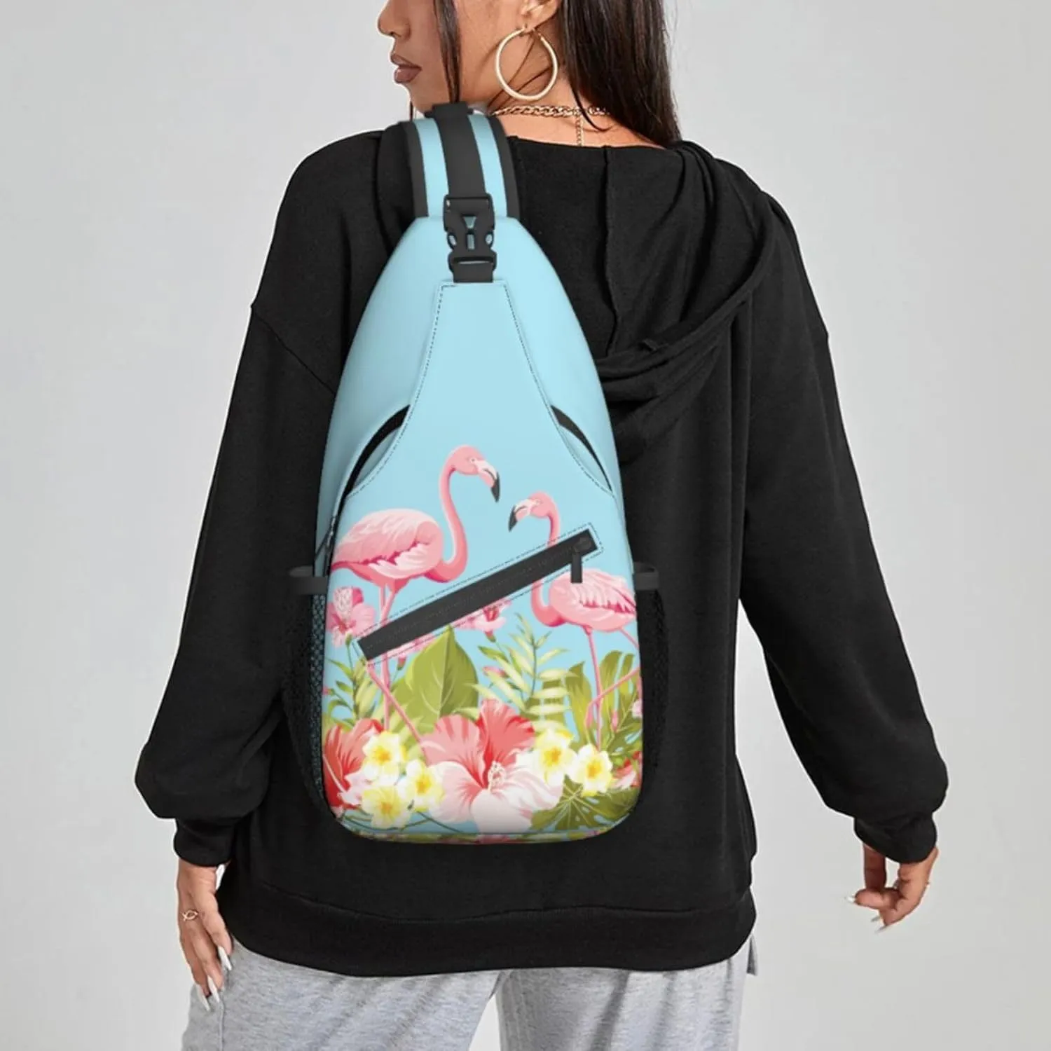 Women Flamingos in Tropical Hibiscus Crossbody Sling Backpack for Men Chest Bag Shoulder Bag Lightweight One Strap Backpack Travel Outdoor Daypack