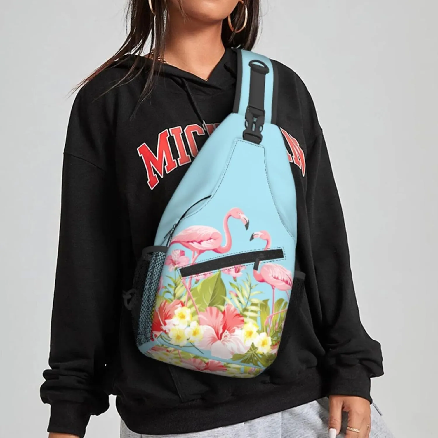 Women Flamingos in Tropical Hibiscus Crossbody Sling Backpack for Men Chest Bag Shoulder Bag Lightweight One Strap Backpack Travel Outdoor Daypack