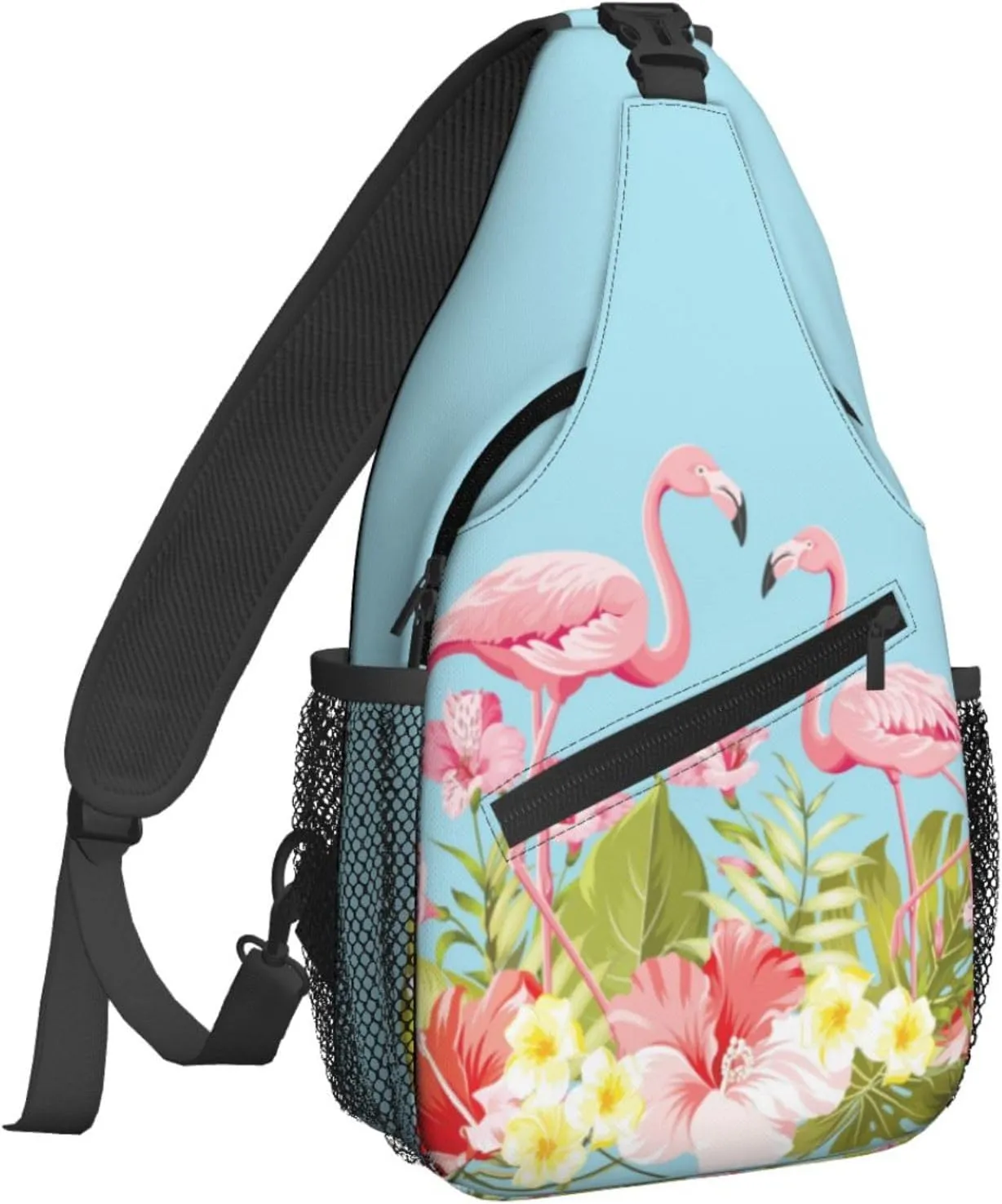 Women Flamingos in Tropical Hibiscus Crossbody Sling Backpack for Men Chest Bag Shoulder Bag Lightweight One Strap Backpack Travel Outdoor Daypack