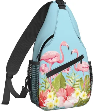 Women Flamingos in Tropical Hibiscus Crossbody Sling Backpack for Men Chest Bag Shoulder Bag Lightweight One Strap Backpack Travel Outdoor Daypack