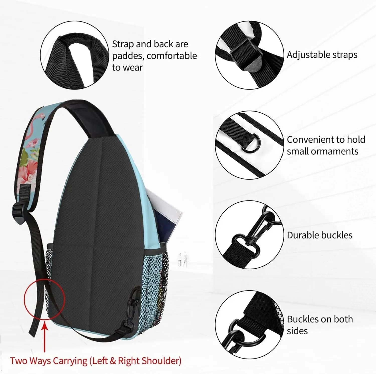 Women Flamingos in Tropical Hibiscus Crossbody Sling Backpack for Men Chest Bag Shoulder Bag Lightweight One Strap Backpack Travel Outdoor Daypack