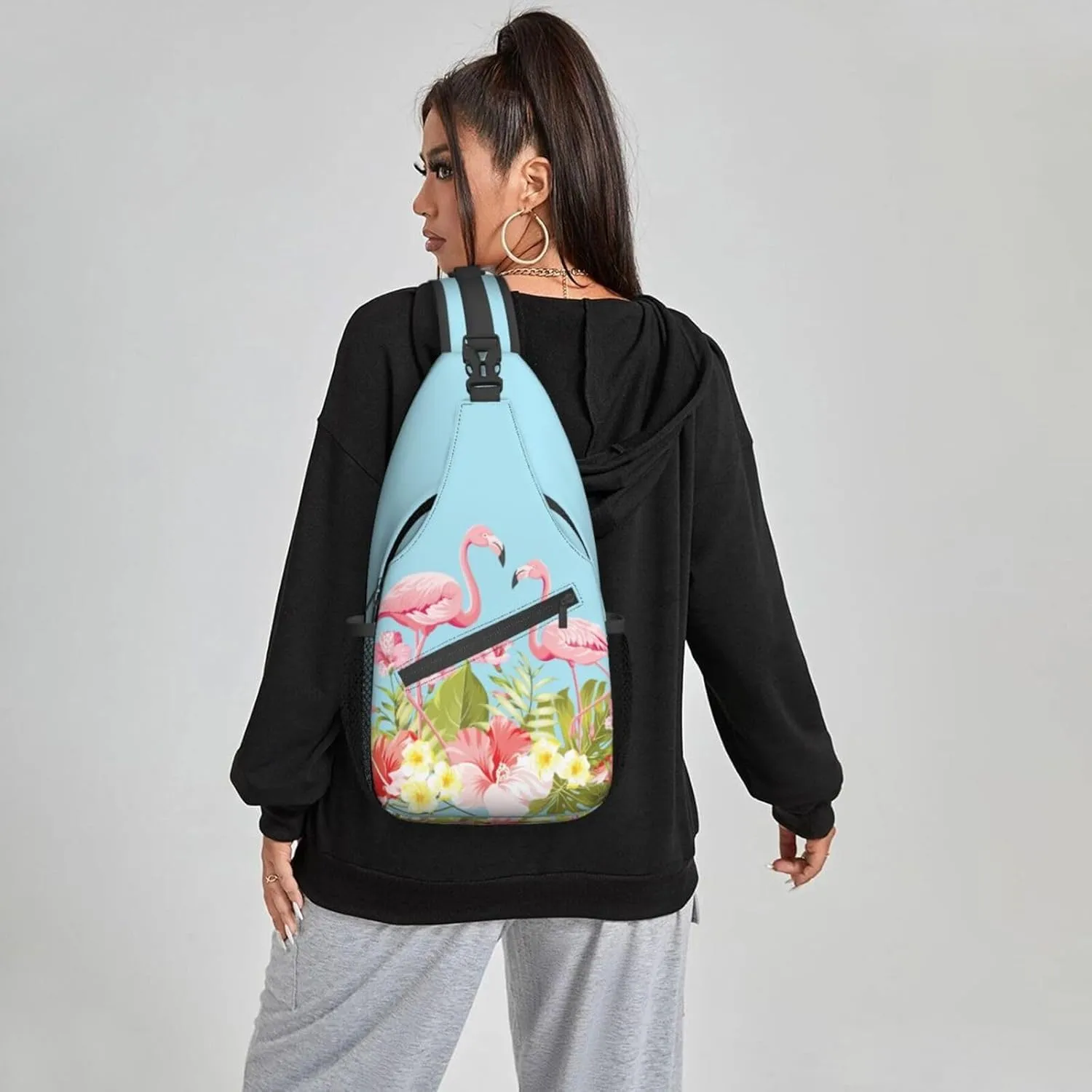 Women Flamingos in Tropical Hibiscus Crossbody Sling Backpack for Men Chest Bag Shoulder Bag Lightweight One Strap Backpack Travel Outdoor Daypack