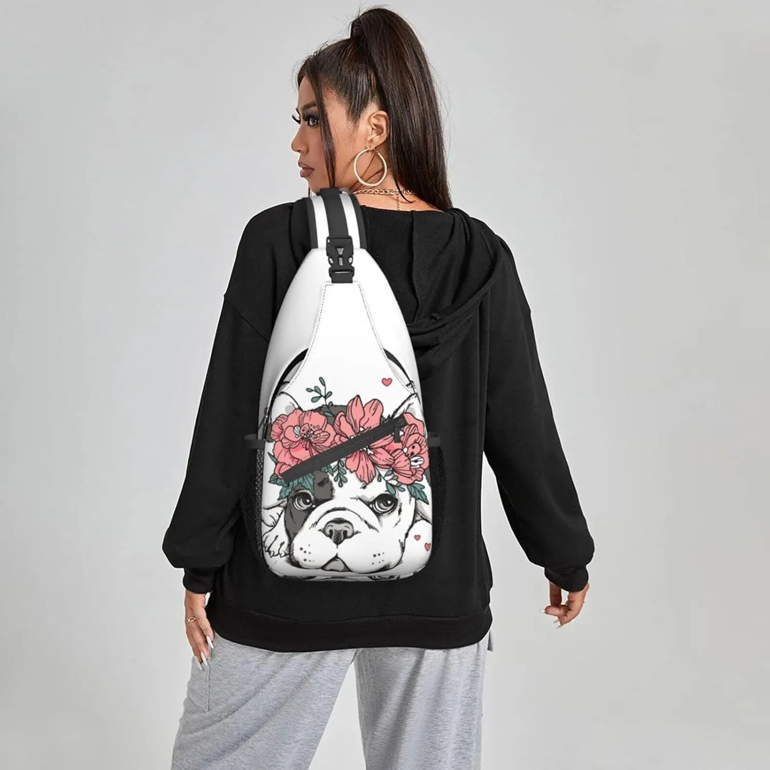 Women Floral Wreath French Bulldog Hearts Crossbody Sling Backpack for Men Chest Bag Shoulder Bag Lightweight One Strap Backpack Travel Outdoor Daypack