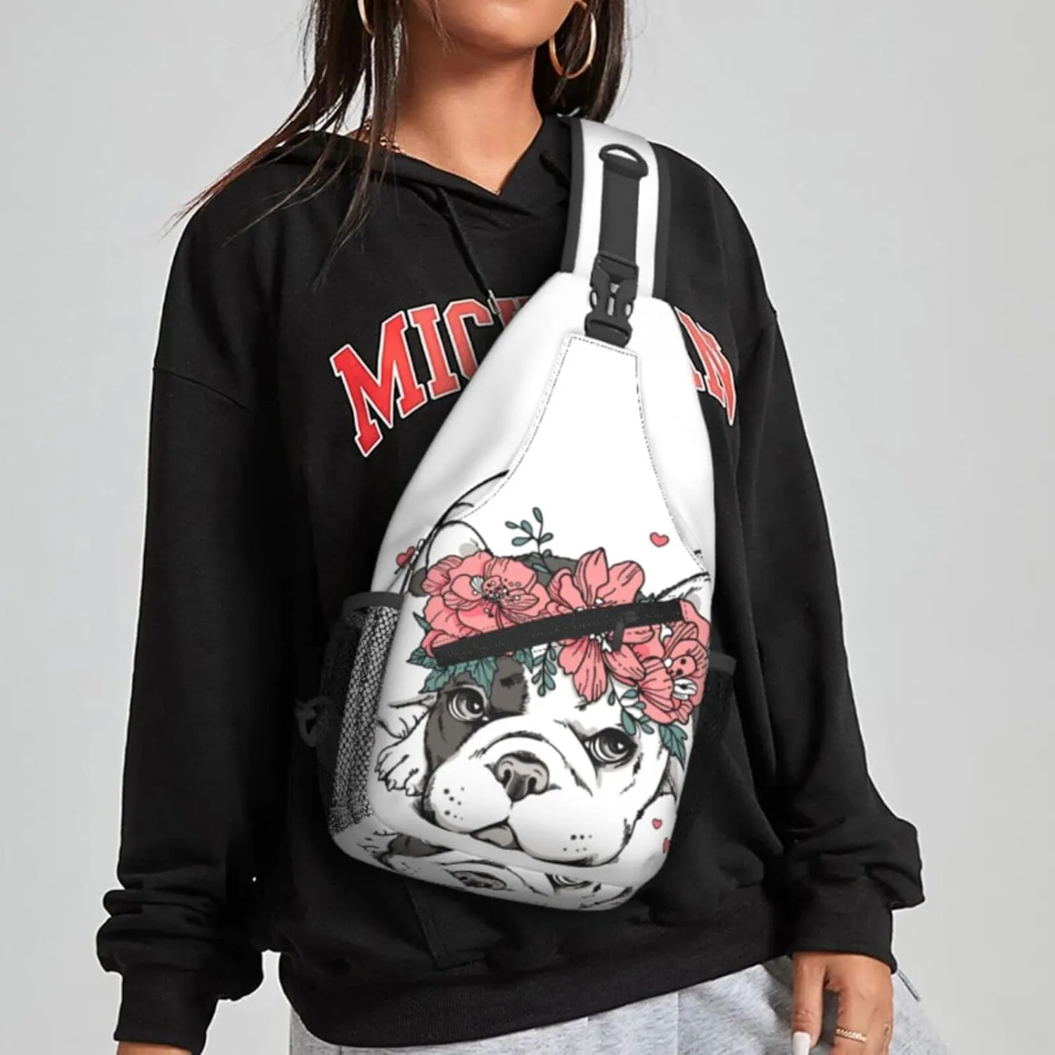 Women Floral Wreath French Bulldog Hearts Crossbody Sling Backpack for Men Chest Bag Shoulder Bag Lightweight One Strap Backpack Travel Outdoor Daypack
