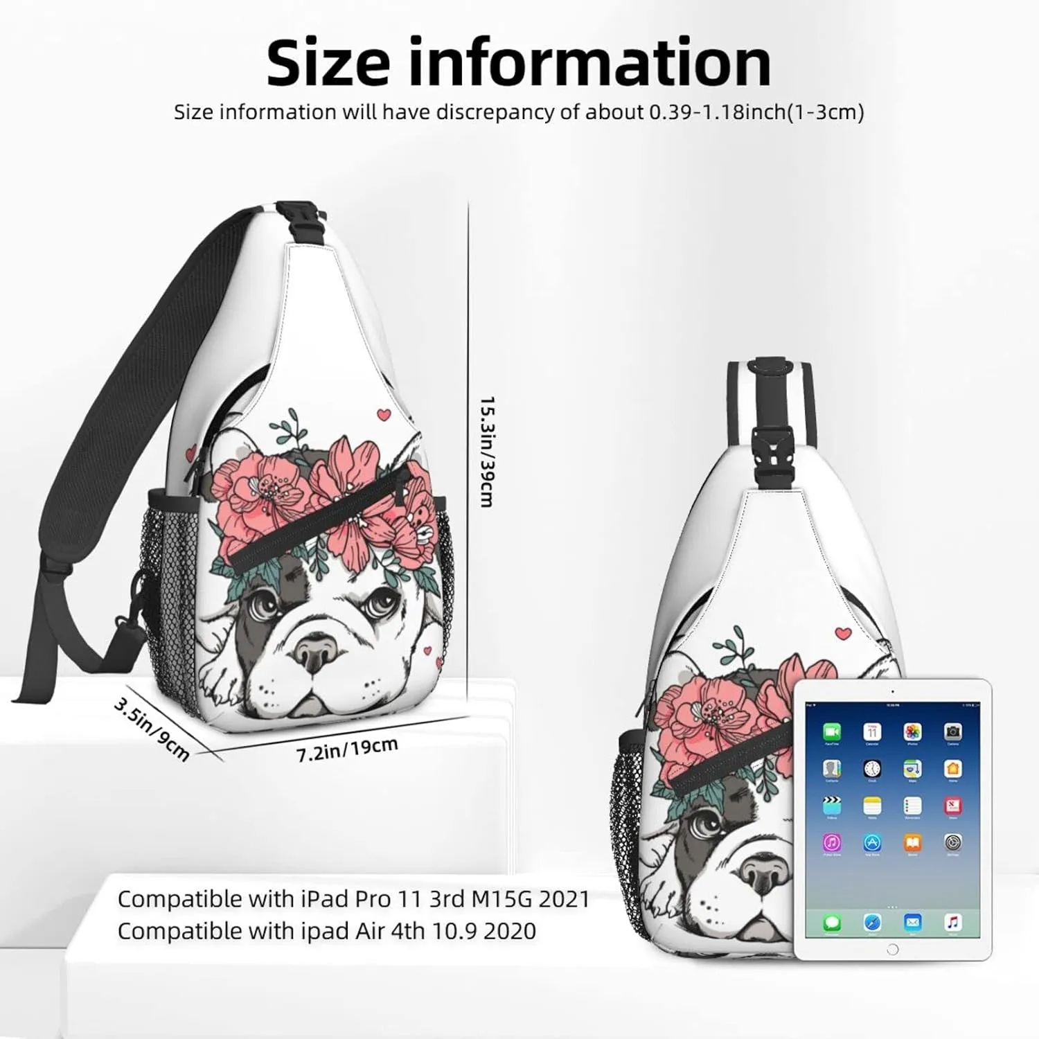 Women Floral Wreath French Bulldog Hearts Crossbody Sling Backpack for Men Chest Bag Shoulder Bag Lightweight One Strap Backpack Travel Outdoor Daypack