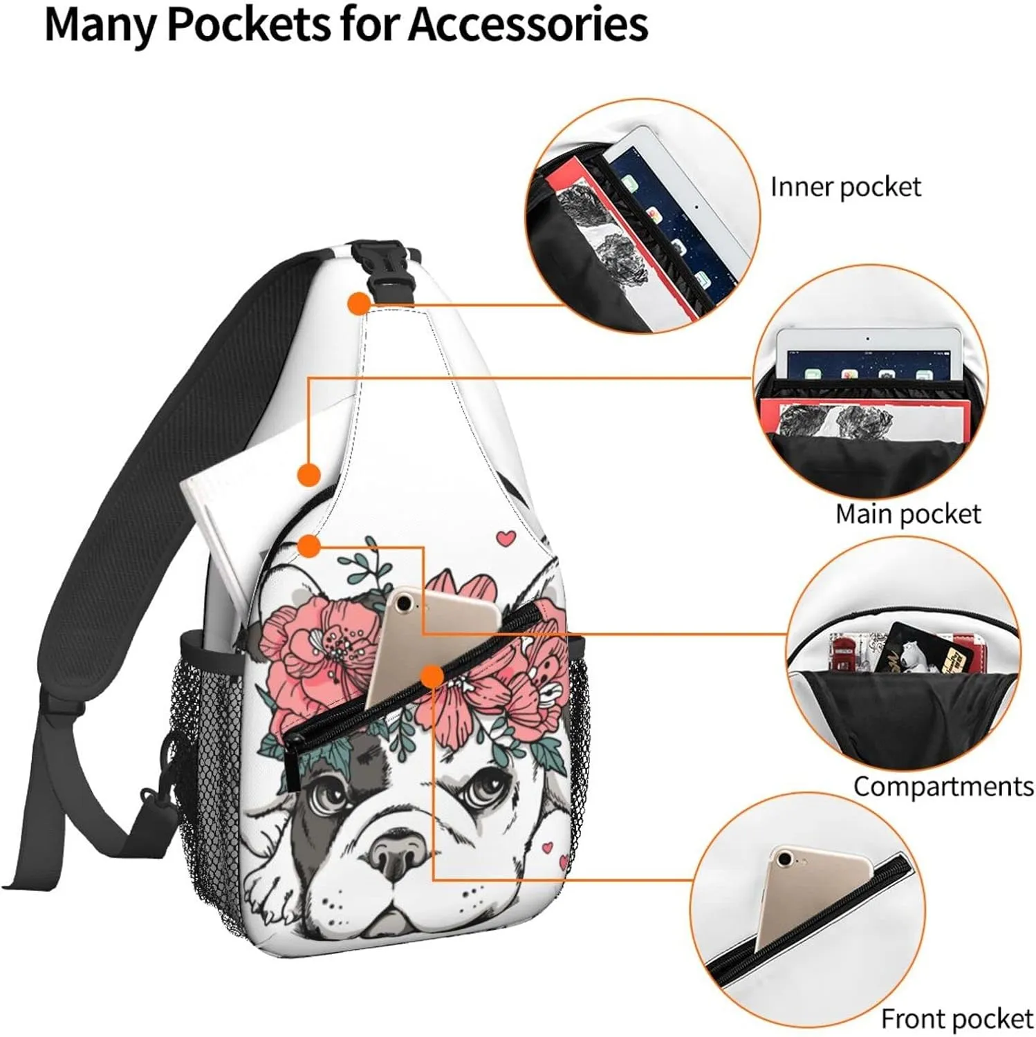 Women Floral Wreath French Bulldog Hearts Crossbody Sling Backpack for Men Chest Bag Shoulder Bag Lightweight One Strap Backpack Travel Outdoor Daypack