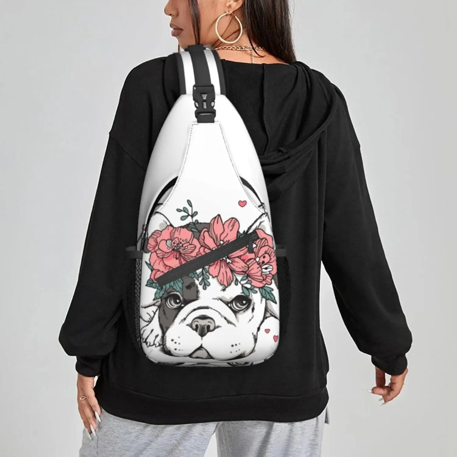 Women Floral Wreath French Bulldog Hearts Crossbody Sling Backpack for Men Chest Bag Shoulder Bag Lightweight One Strap Backpack Travel Outdoor Daypack