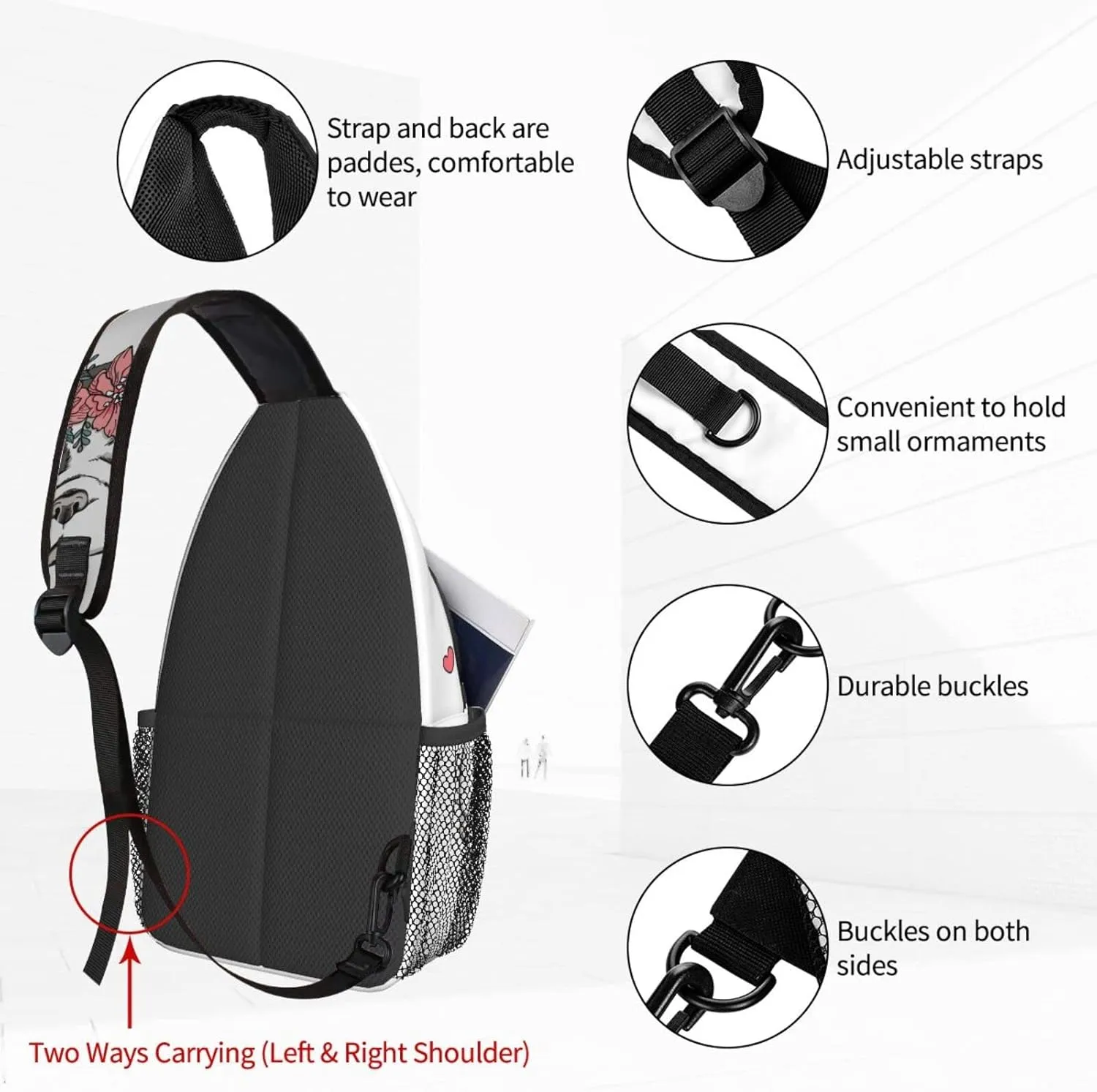Women Floral Wreath French Bulldog Hearts Crossbody Sling Backpack for Men Chest Bag Shoulder Bag Lightweight One Strap Backpack Travel Outdoor Daypack