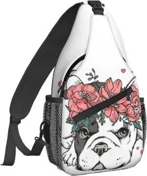 Women Floral Wreath French Bulldog Hearts Crossbody Sling Backpack for Men Chest Bag Shoulder Bag Lightweight One Strap Backpack Travel Outdoor Daypack