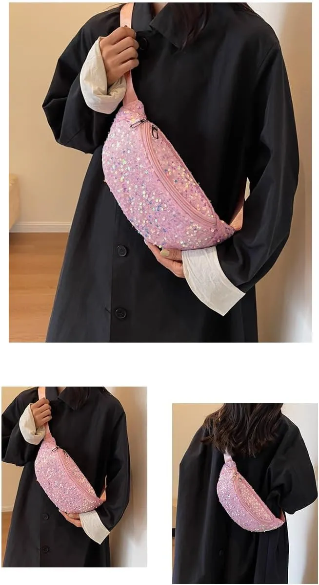 Women Girls Waist Bag Fanny Pack Shiny Sequin Waist Pouch Chest Crossbody Belt Bags Adjustable for Sports Daily,Pink A#