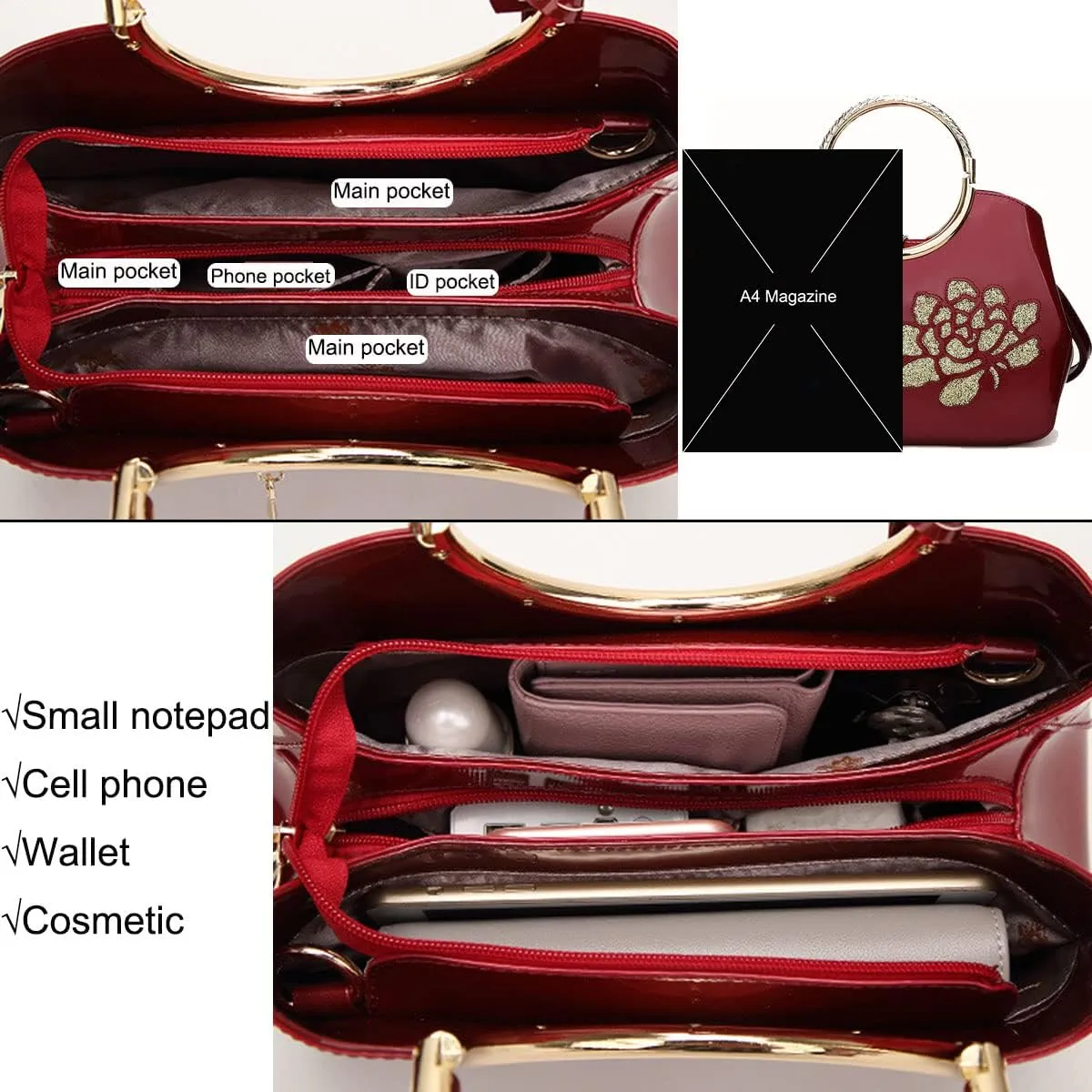 Women Handbag Patent Leather Flower Pattern Satchel Charm Glossy Purse Metal Grip Structured Shoulder Bag