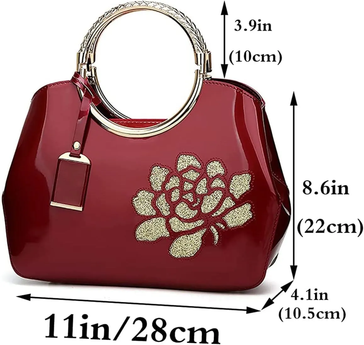 Women Handbag Patent Leather Flower Pattern Satchel Charm Glossy Purse Metal Grip Structured Shoulder Bag
