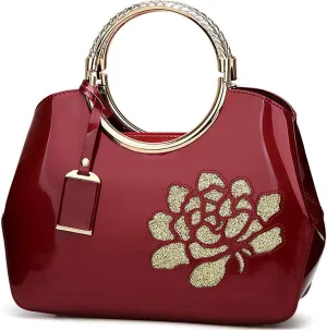 Women Handbag Patent Leather Flower Pattern Satchel Charm Glossy Purse Metal Grip Structured Shoulder Bag