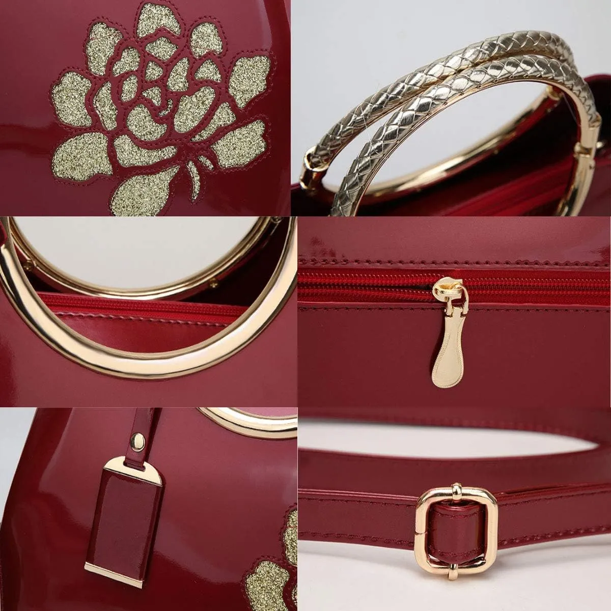 Women Handbag Patent Leather Flower Pattern Satchel Charm Glossy Purse Metal Grip Structured Shoulder Bag