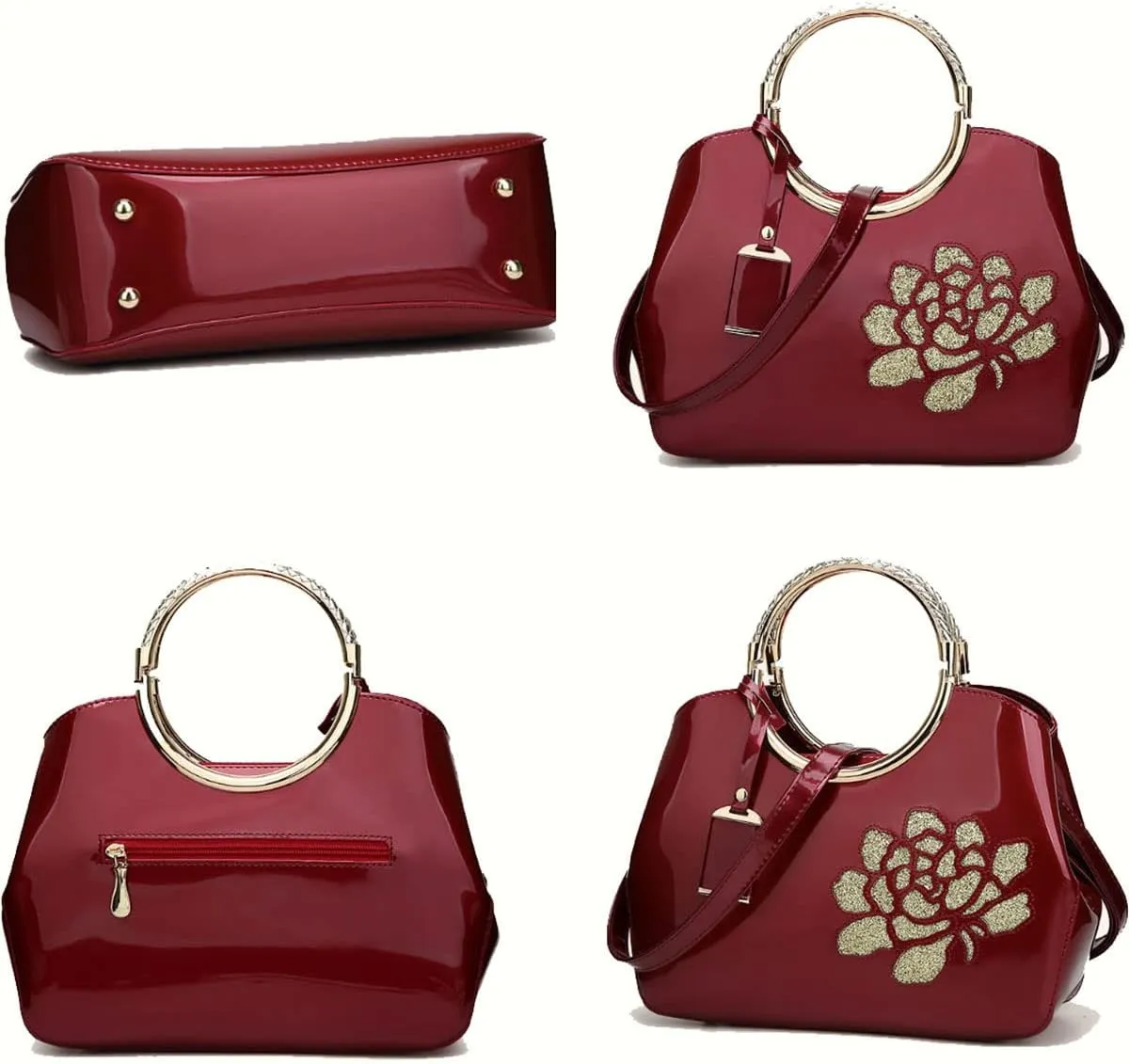 Women Handbag Patent Leather Flower Pattern Satchel Charm Glossy Purse Metal Grip Structured Shoulder Bag