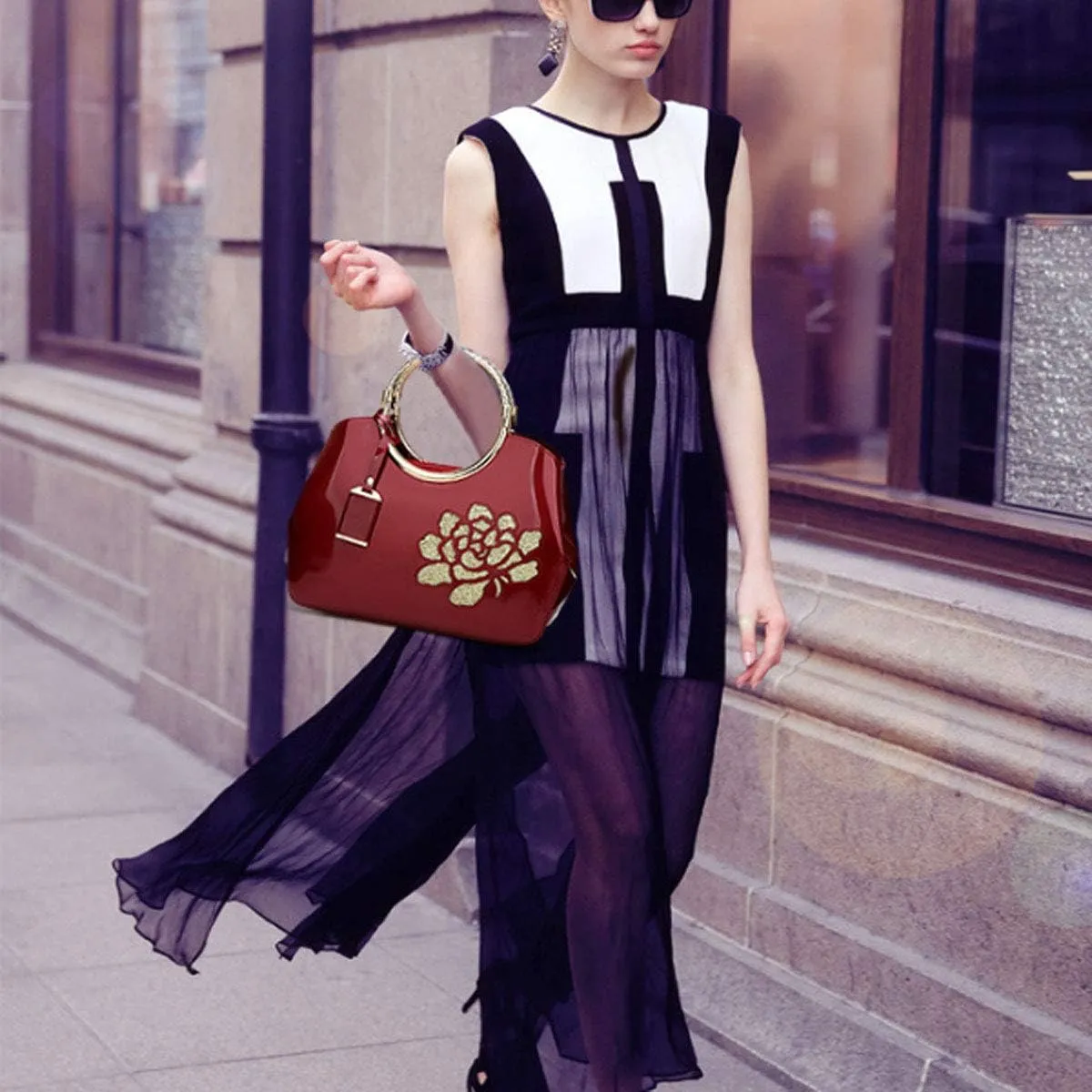 Women Handbag Patent Leather Flower Pattern Satchel Charm Glossy Purse Metal Grip Structured Shoulder Bag
