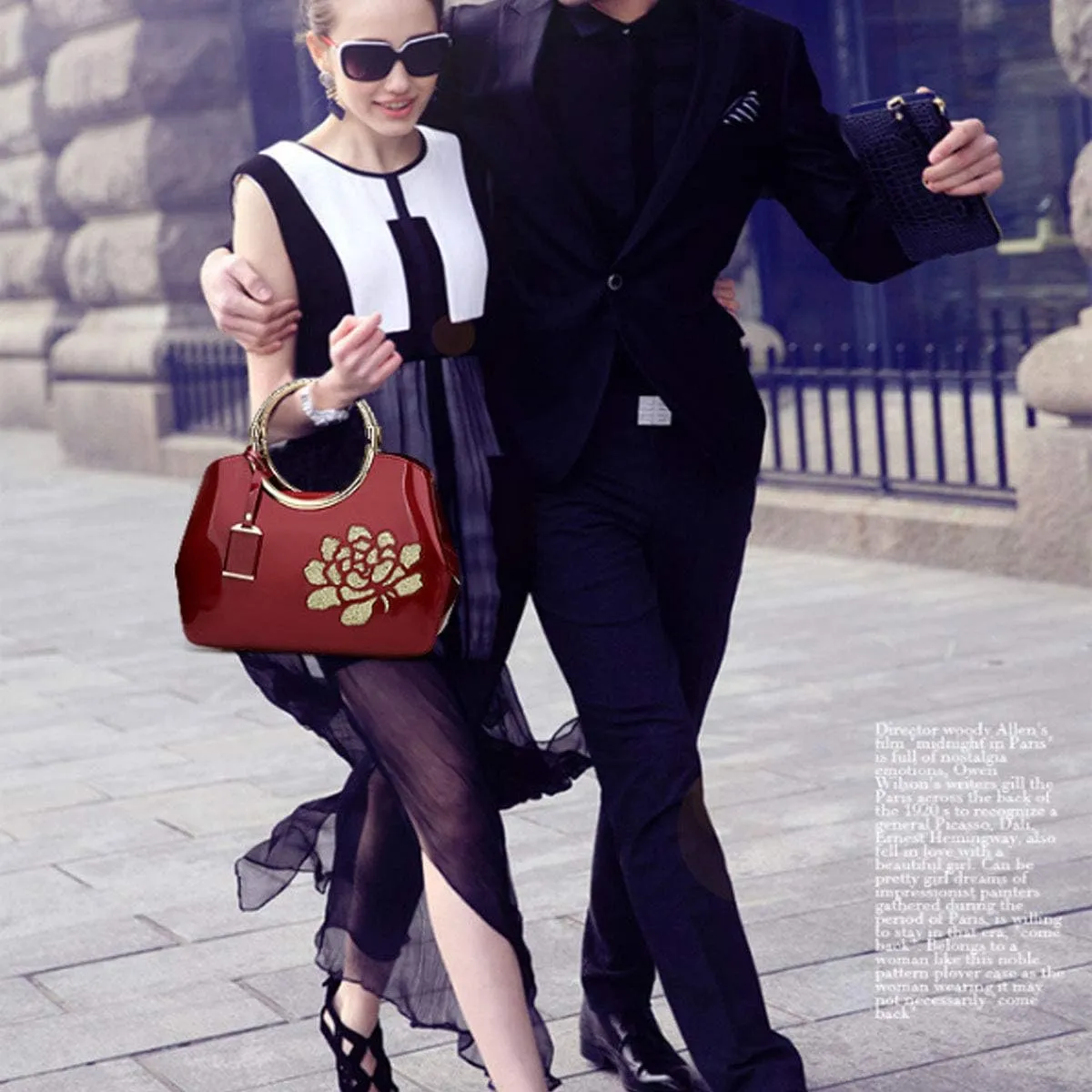 Women Handbag Patent Leather Flower Pattern Satchel Charm Glossy Purse Metal Grip Structured Shoulder Bag