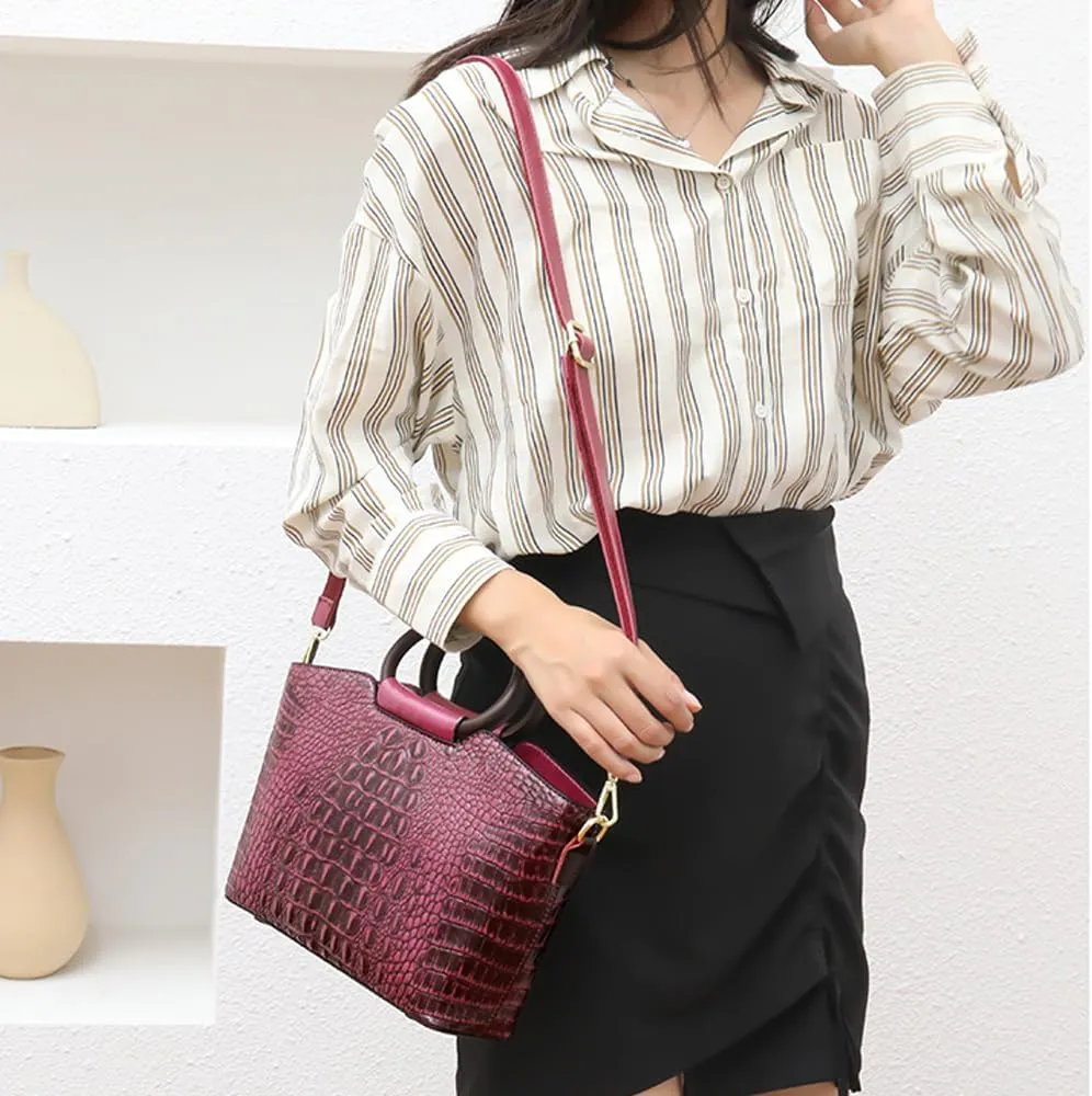 Women Handbags Purse PU Leather Crocodile Pattern Satchel Bags Top Circular Handle Handbag Ladies Shoulder Bag