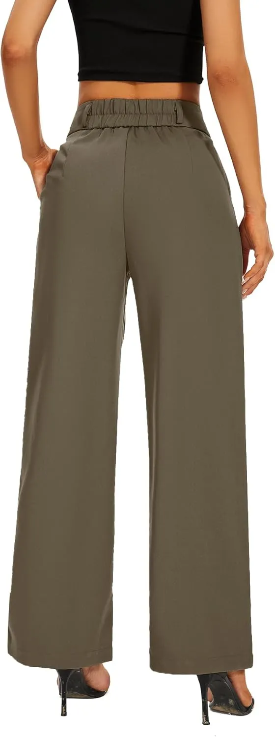 Women High Waist Wide Leg Dress Pants Pleated Front Wide Waistband Elastic Work Casual Long Trousers