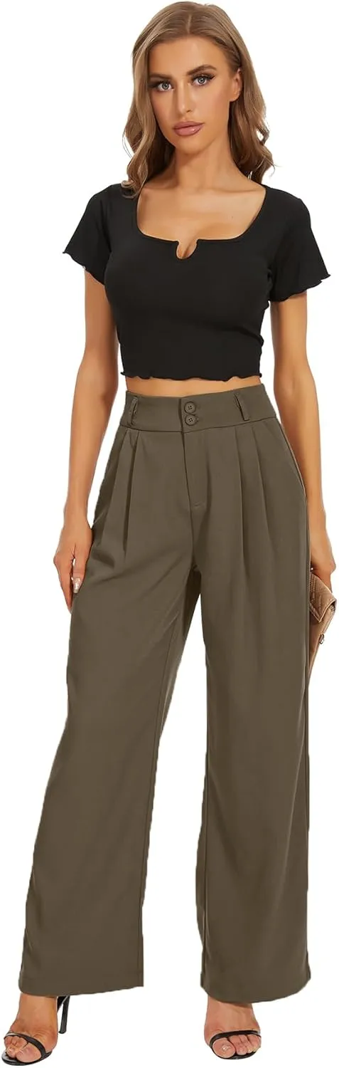 Women High Waist Wide Leg Dress Pants Pleated Front Wide Waistband Elastic Work Casual Long Trousers